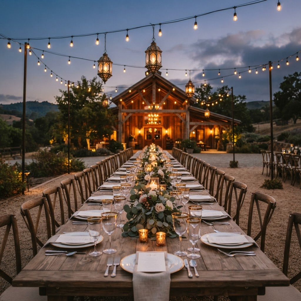 A long outdoor dinner table lit by string lights at dusk near a ranch barn