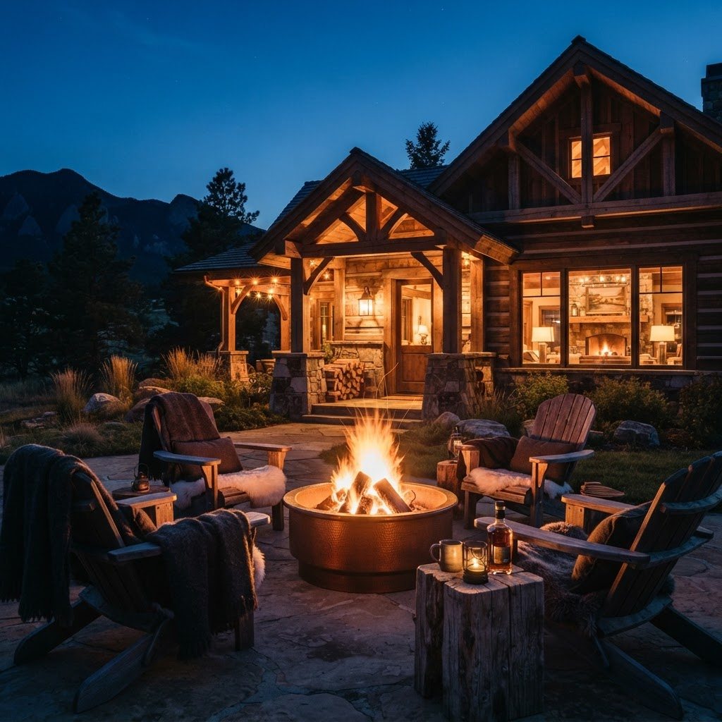 A fire pit glowing warmly in front of a timber ranch lodge at twilight
