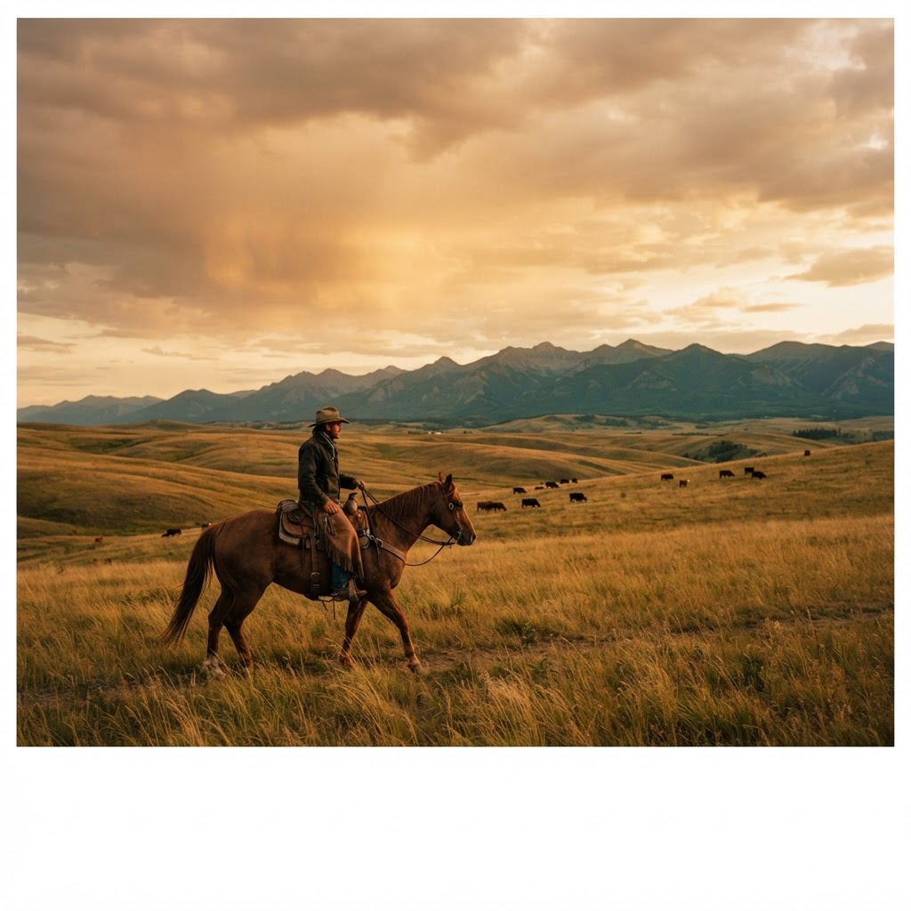 A rider on horseback crossing open grassland in the Alberta foothills at dusk, with cattle grazing in the distance