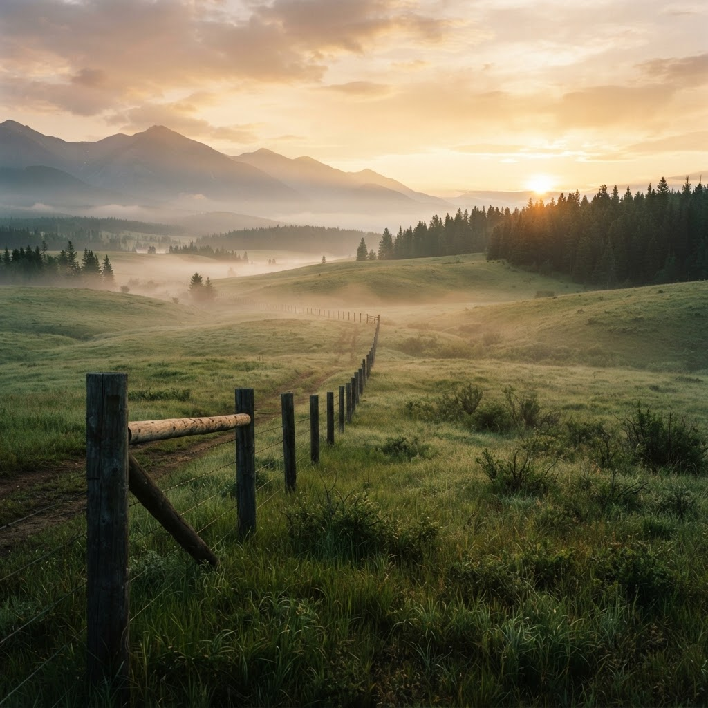 Morning mist over the pastureland and fence lines of the Alberta foothills