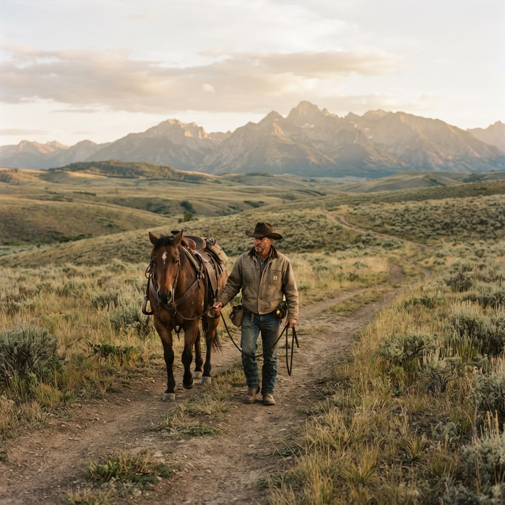 A rancher walking beside a horse along a foothills trail at sunrise