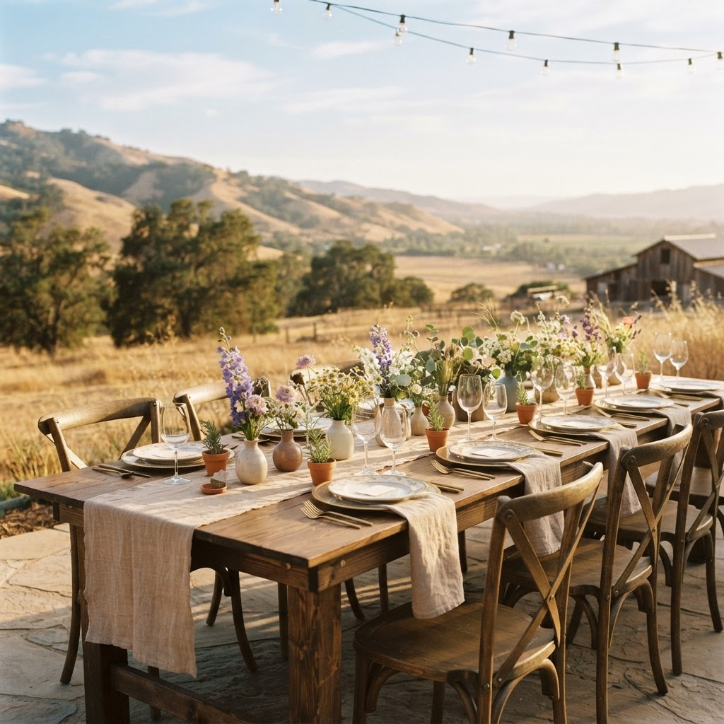 A table set for an intimate outdoor ranch wedding reception
