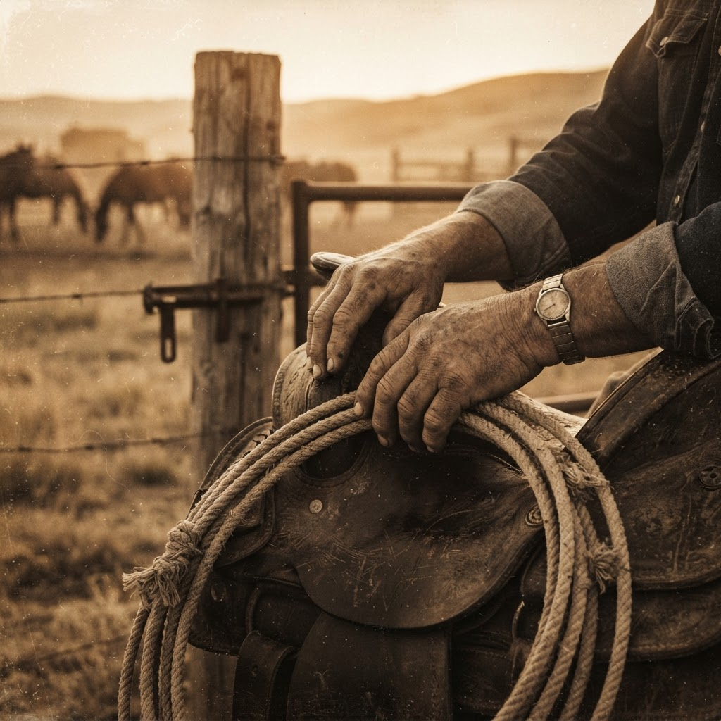 An archival-style photograph of hands resting on a worn leather saddle