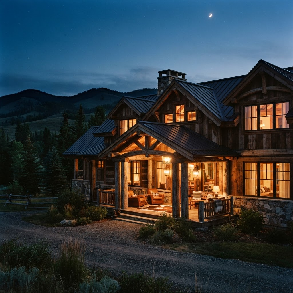 A timber and stone ranch lodge glowing with warm light at dusk in the Alberta foothills