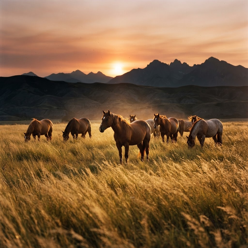 A small herd of horses standing in golden light at sunset in the Alberta foothills