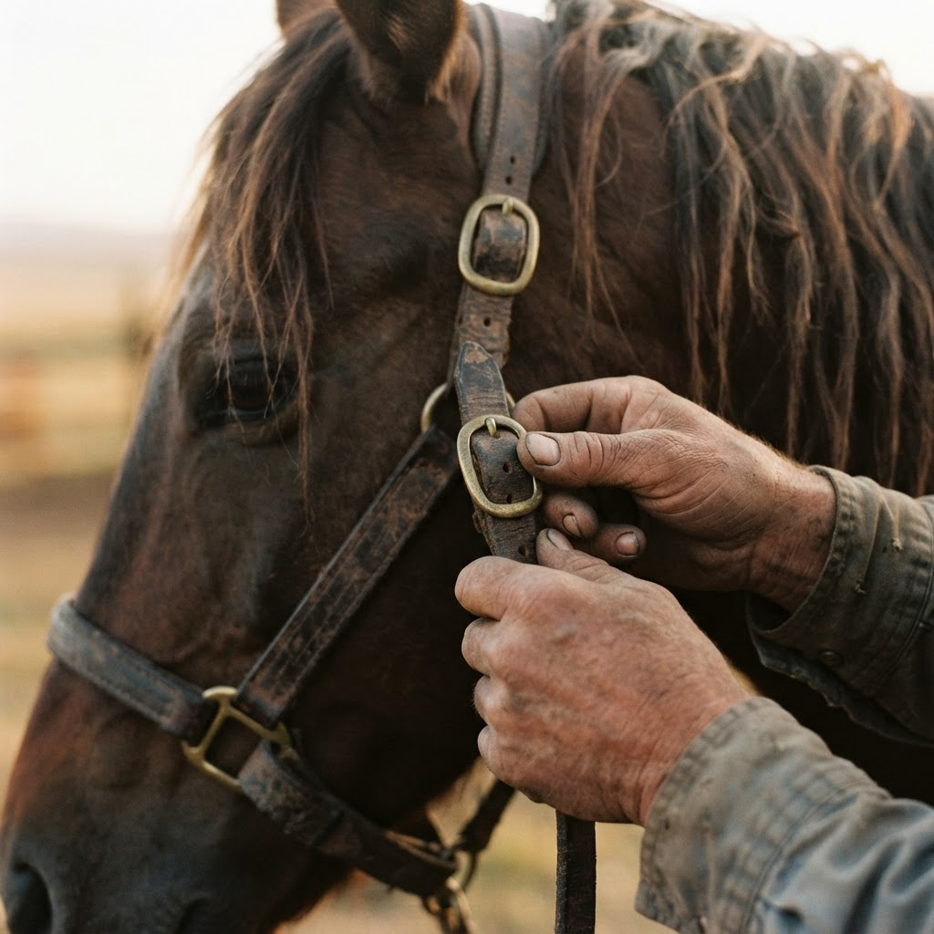 A ranch hand's weathered hands adjusting a horse's leather tack in the late-afternoon light