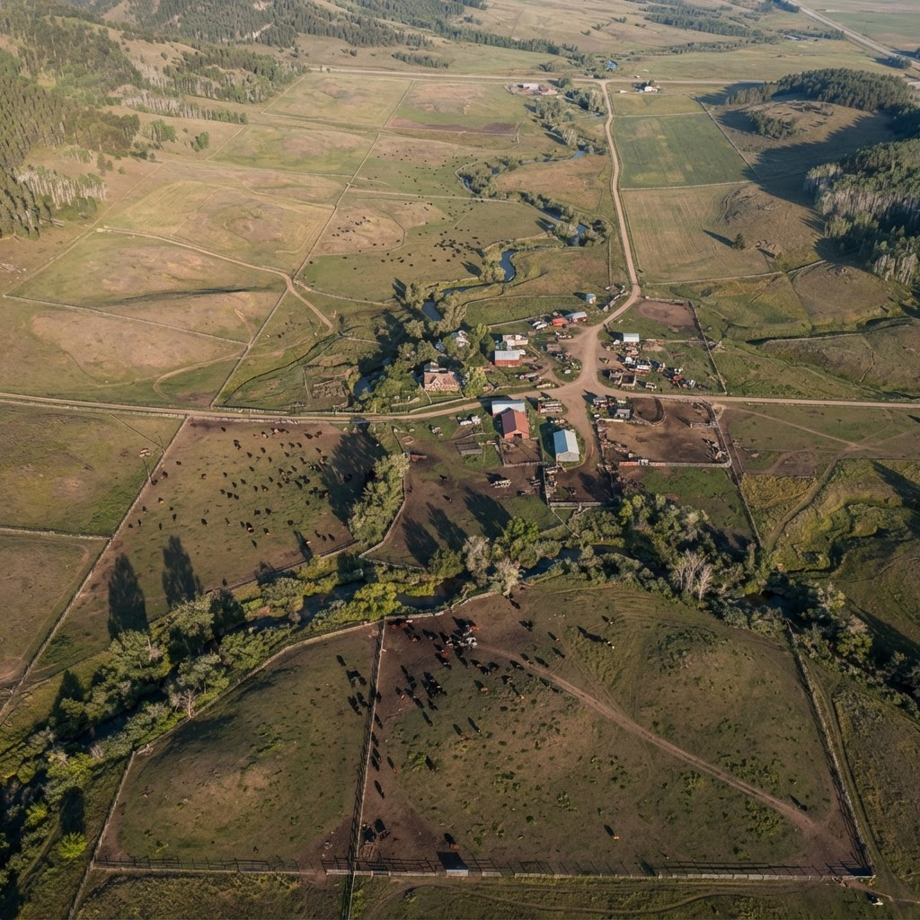 Aerial view of the ranch property, showing pastures, fence lines, a winding creek, and ranch buildings