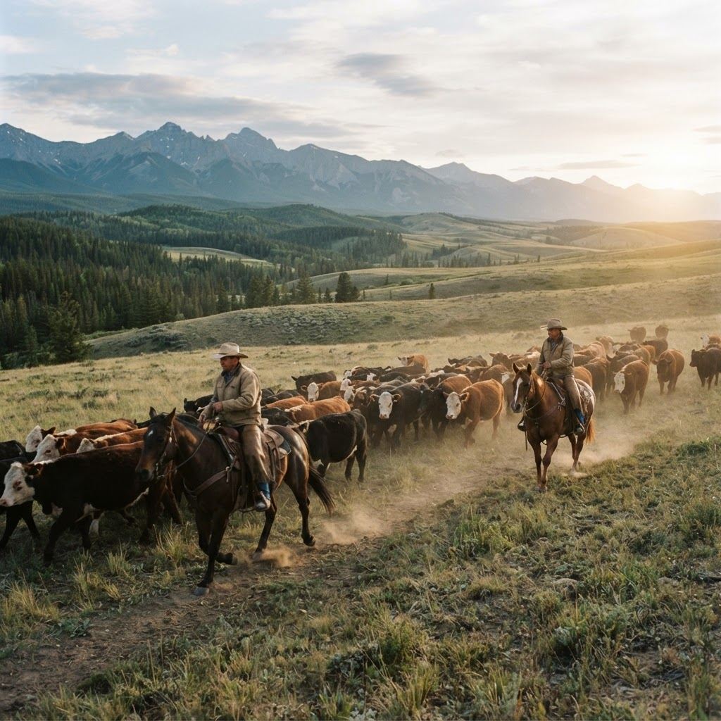 Two riders on horseback moving cattle across an open pasture at sunrise in the Alberta foothills
