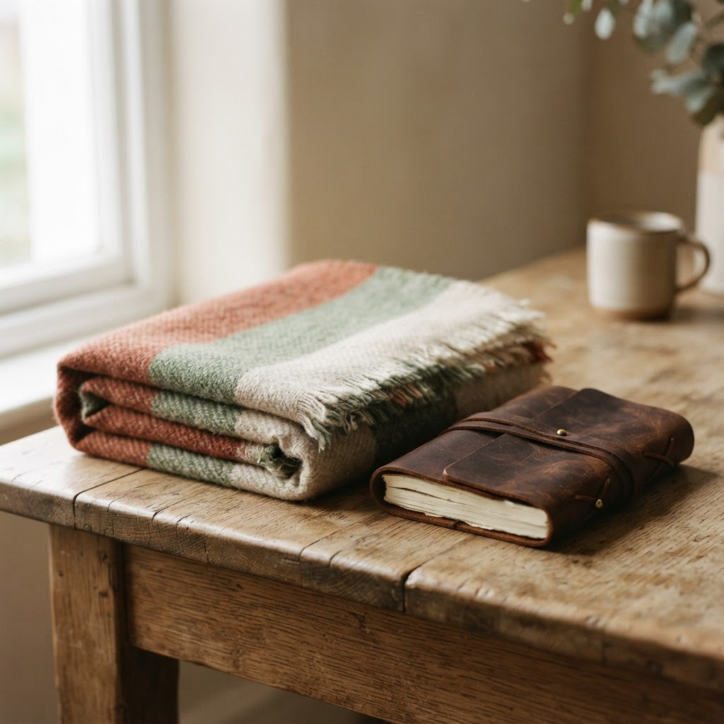 A folded wool blanket and leather-bound journal