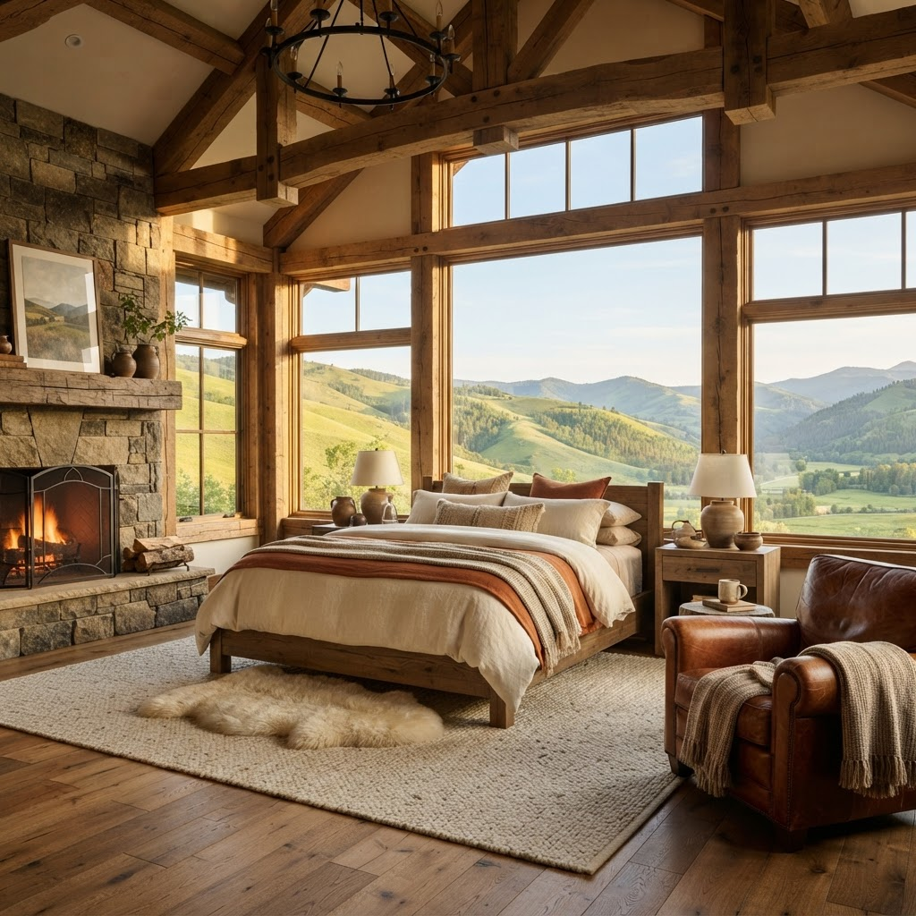 A warm, light-filled lodge bedroom at the ranch overlooking the foothills