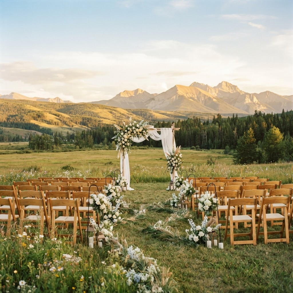 An outdoor wedding ceremony setup facing the open Alberta foothills at golden hour